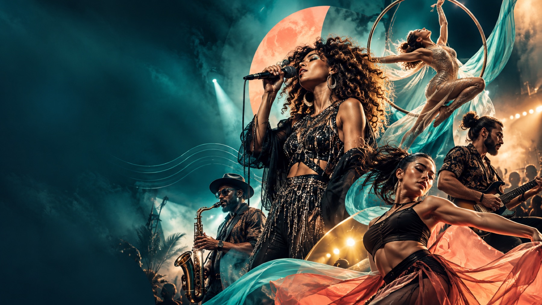 A vocalist, aerialist, saxophonist, dancer and guitarist mid-performance